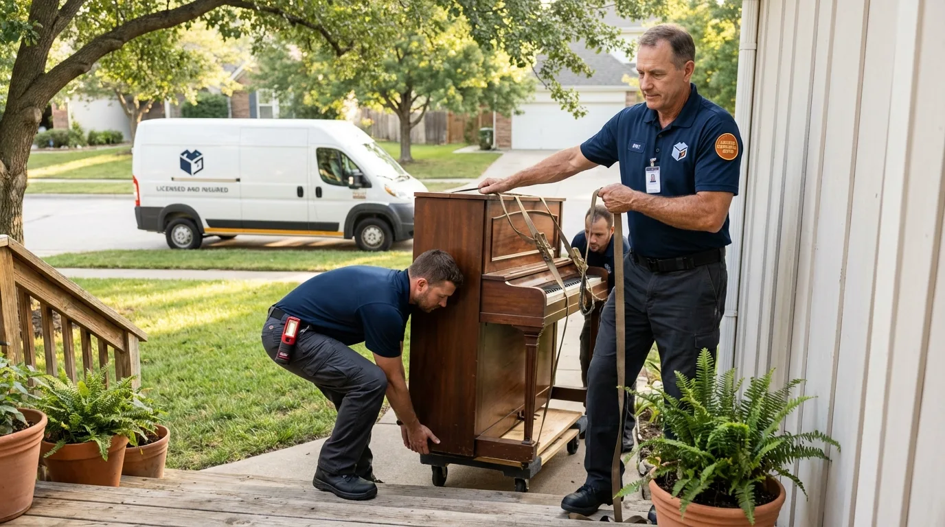 Licensed piano movers securing grand piano in Grantham, NH