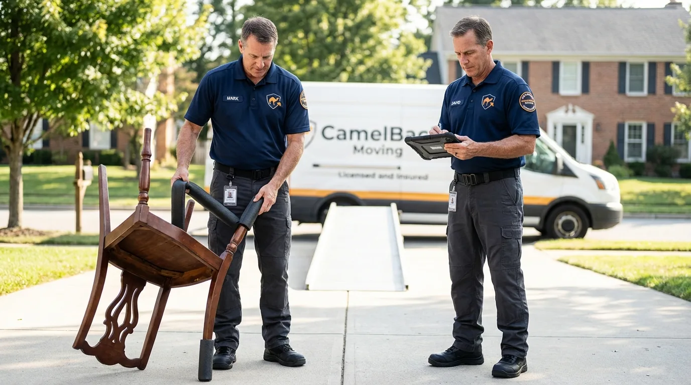 Movers inspecting furniture for damage prevention before loading in Grantham, NH