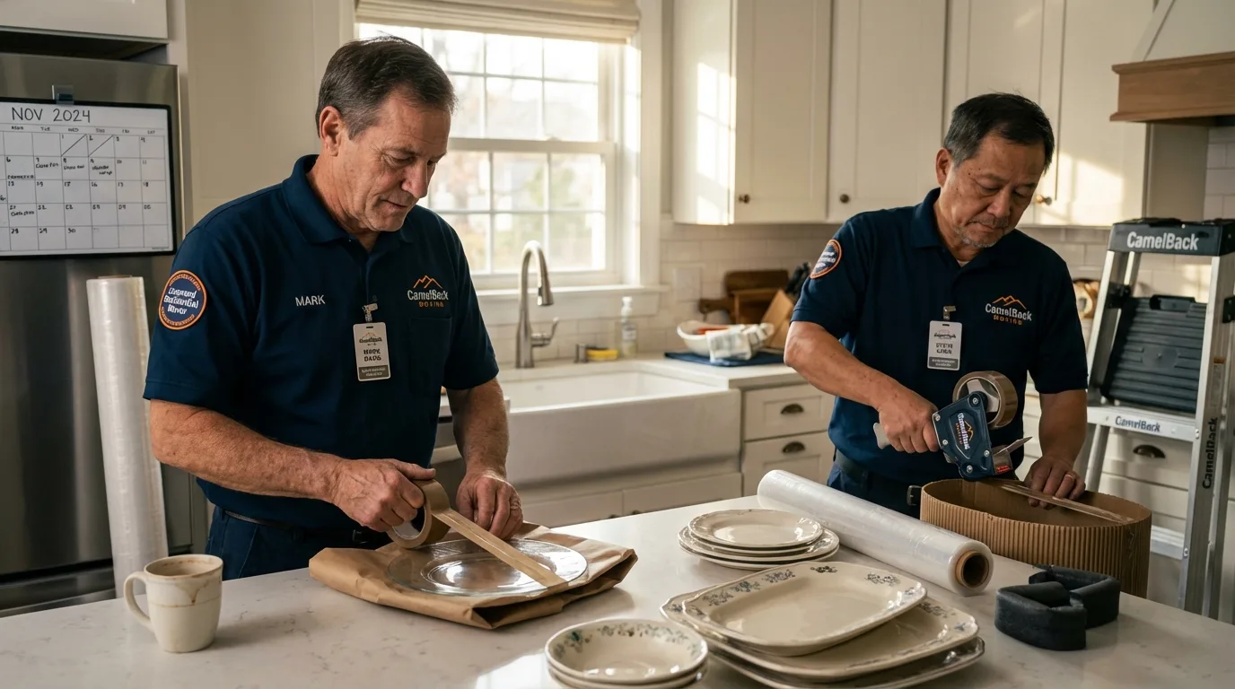 Professional crew packing kitchen dishware in Grantham, NH